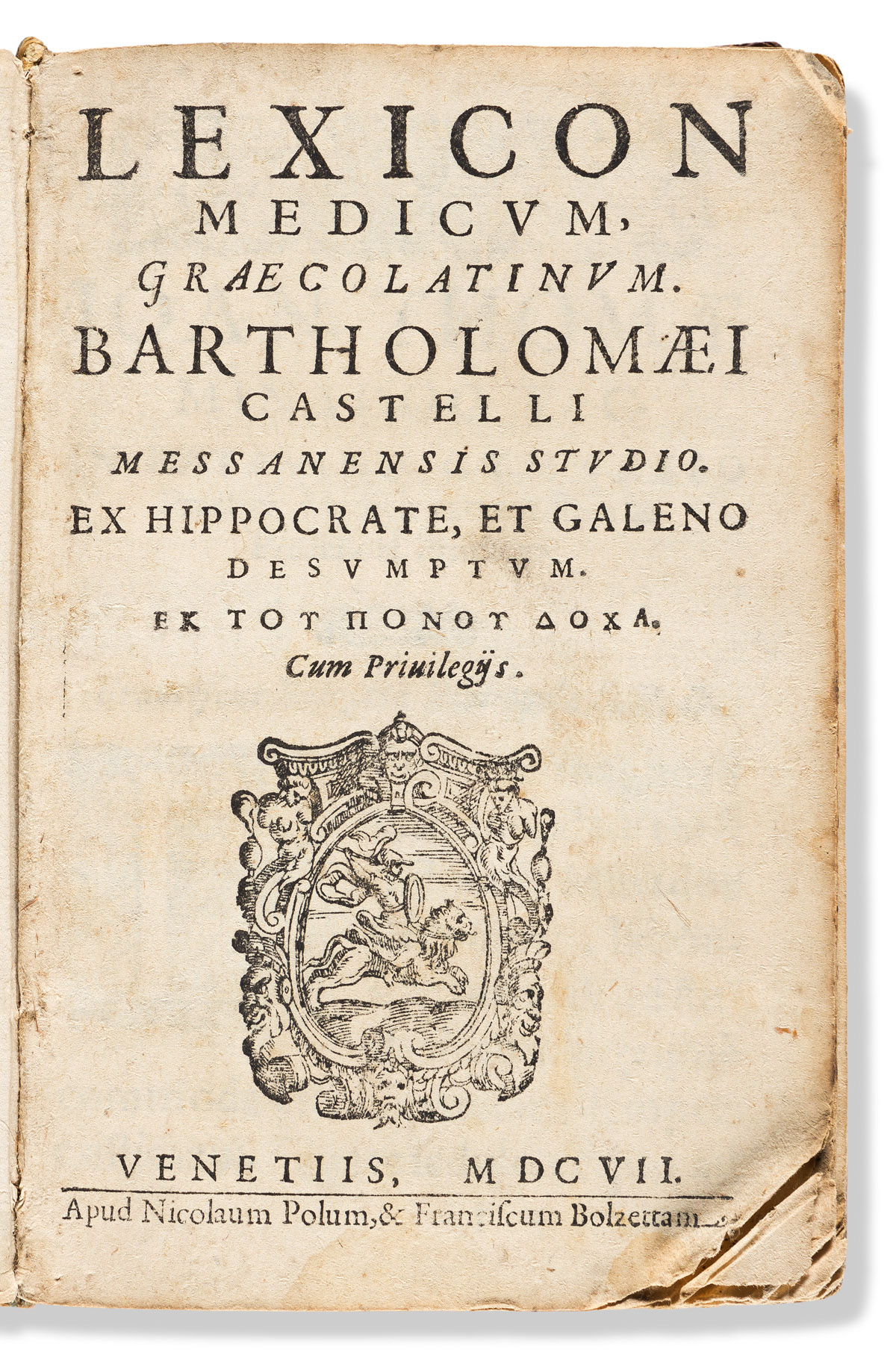 Castelli, Bartholomeo (16th century) Lexicon Medicum Graeco-Latinum. Ex Hippocrate et Galeno Desumptum.